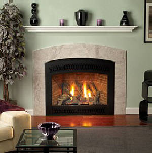 Image of lit livingroom fireplace.