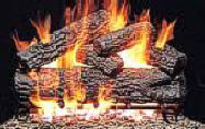 Image of a fireplace gas log set with large glames throughout the log set.