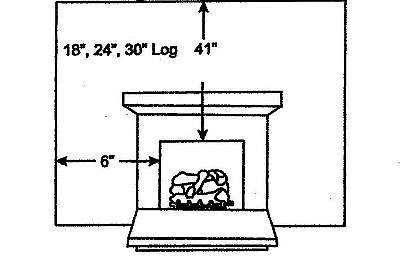 Image of side wall and ceiling clearance. The diagram show six inches of clearance for a side wall and 41 inches of clearance above the fireplace enclosure.